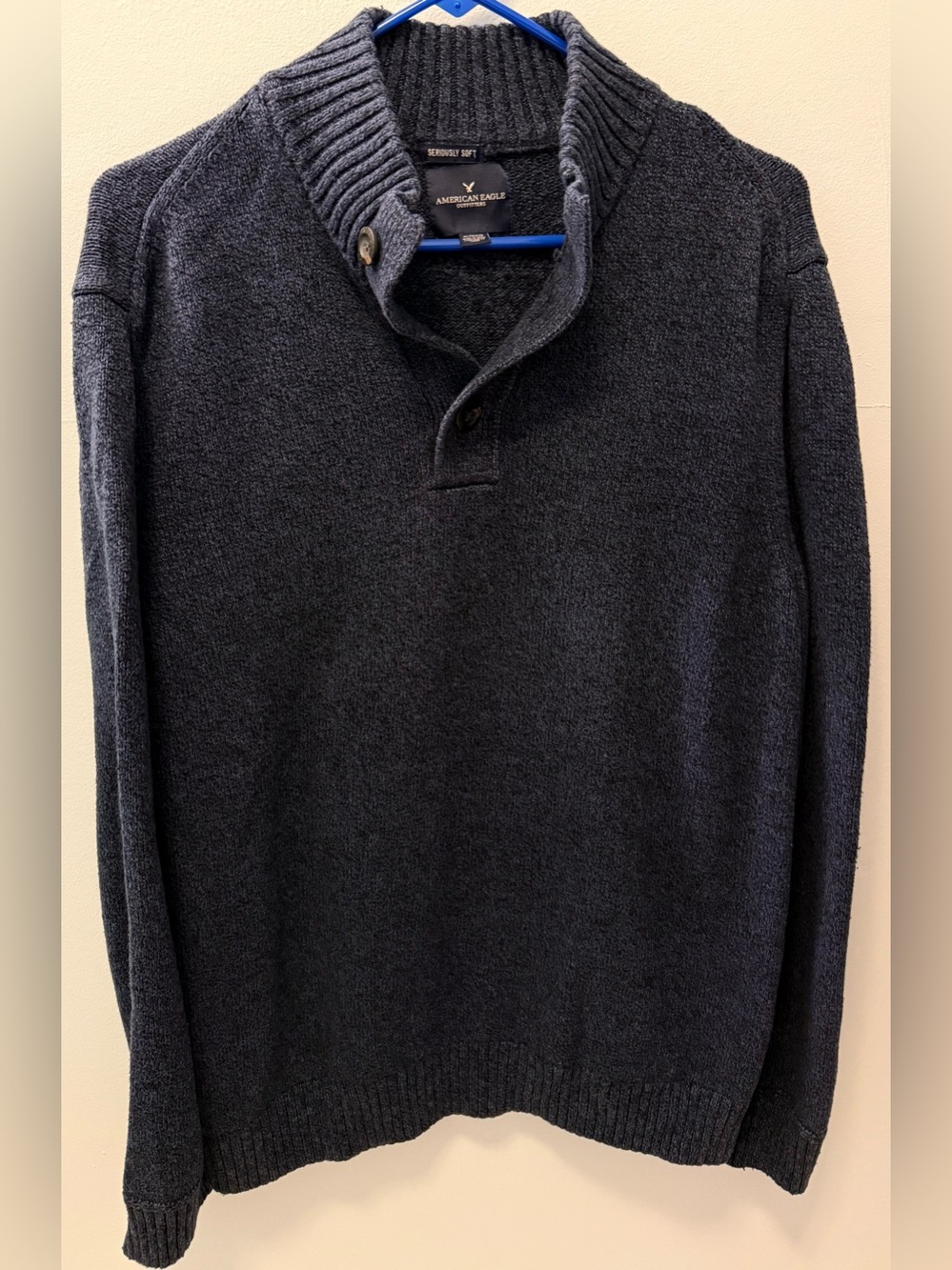 American Eagle Outfitters Men's Dark Navy Shawl-Collar Zip-Up Sweater